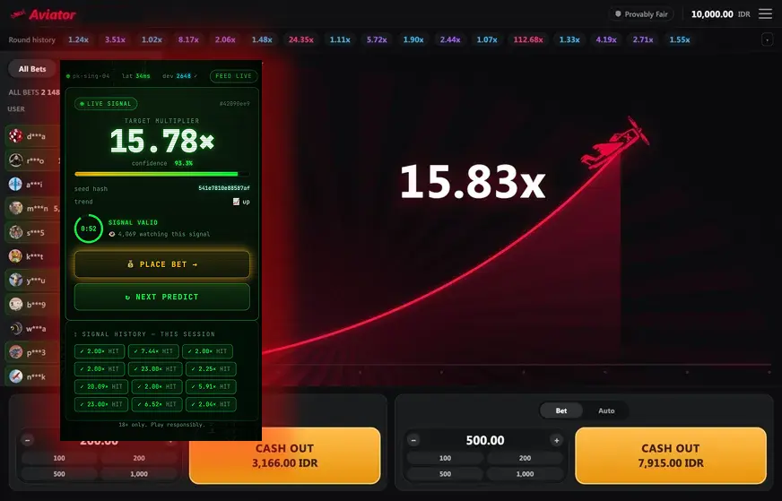Aviator signal interface showing a 15.78 times target beside a live multiplier of 15.83 times