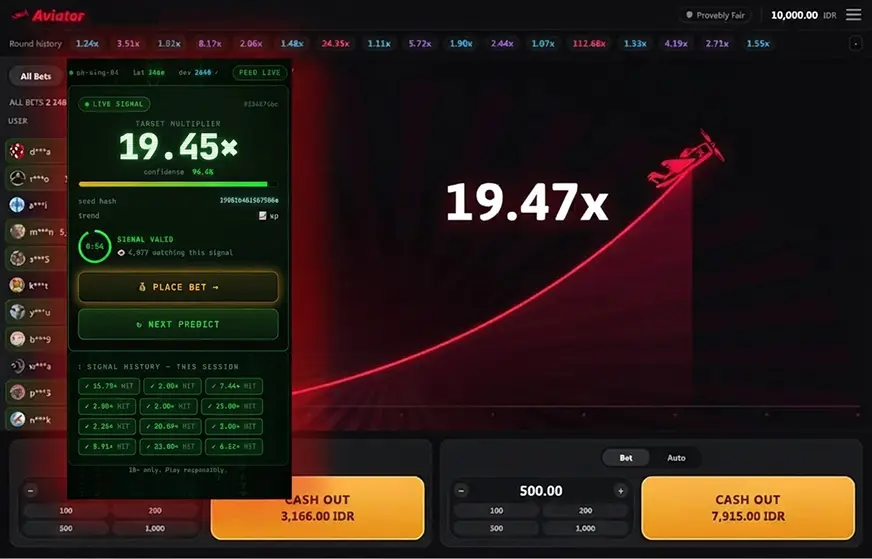 Aviator Predictor showing a 19.45 times signal beside a live Aviator round at 19.47 times