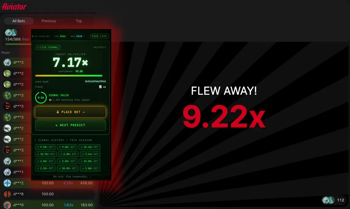 Aviator signal interface showing a 7.17 times target and a completed round at 9.22 times